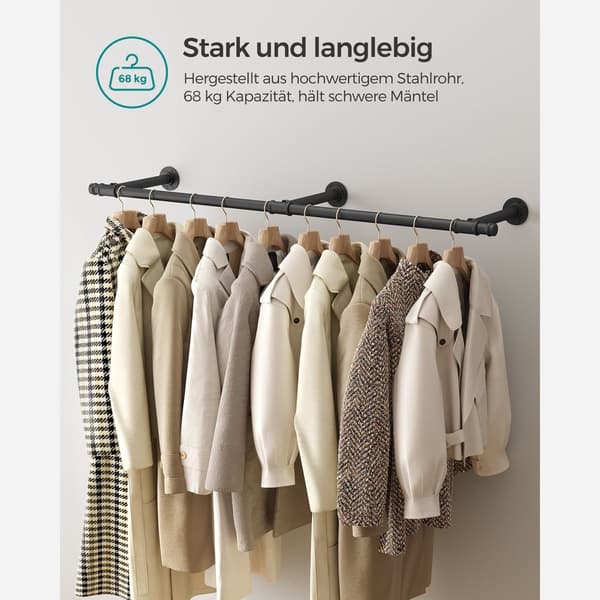 HSR104B01 Väggmonterad klädstång Industriell platsbesparande 30,4 x 170 x 7 cm 68 kg lastkapacitet Enkel montering för små rum Svart