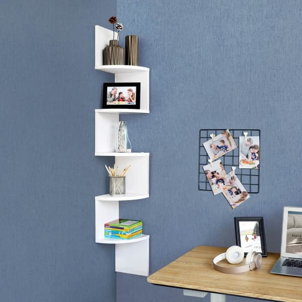 Hörnhylla, 5-stegs flytande vägghylla med sicksackdesign, bokhylla, vit LBC20WT
