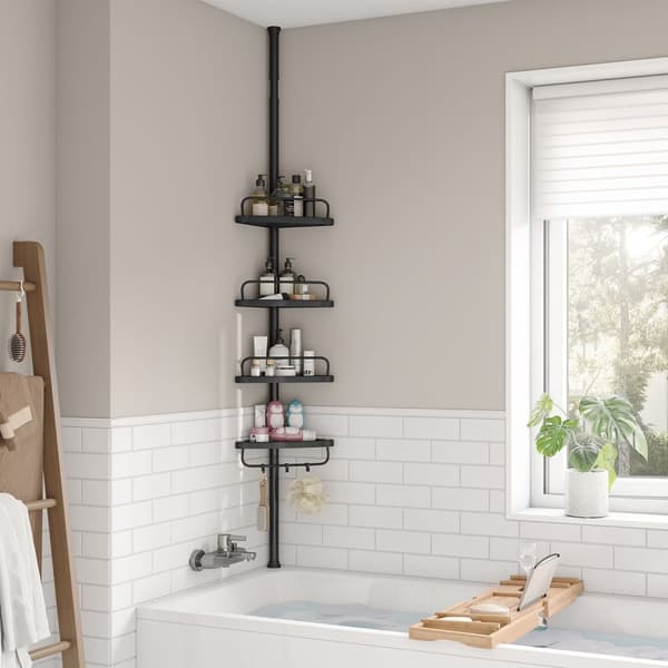 Justerbar hörnhylla för badrum, teleskopisk duschvagn, 85-305 cm, från golv till tak, med 4 brickor, 3 krokar, svart BCB001B01