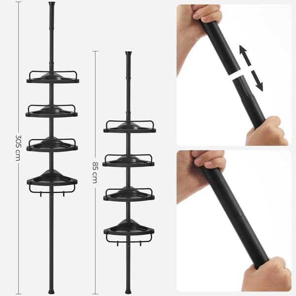 Justerbar hörnhylla för badrum, teleskopisk duschvagn, 85-305 cm, från golv till tak, med 4 brickor, 3 krokar, svart BCB001B01