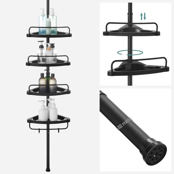 Justerbar hörnhylla för badrum, teleskopisk duschvagn, 85-305 cm, från golv till tak, med 4 brickor, 3 krokar, svart BCB001B01
