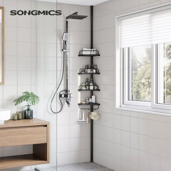 Justerbar hörnhylla för badrum, teleskopisk duschvagn, 85-305 cm, från golv till tak, med 4 brickor, 3 krokar, svart BCB001B01