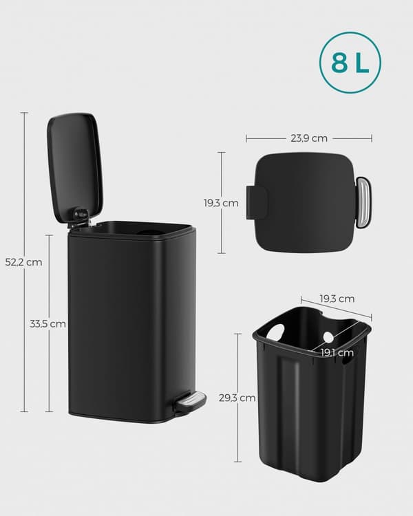 Papperskorg för badrum med lock, 8L, för små utrymmen, mjukstängande, stål, svart LTB591B0802