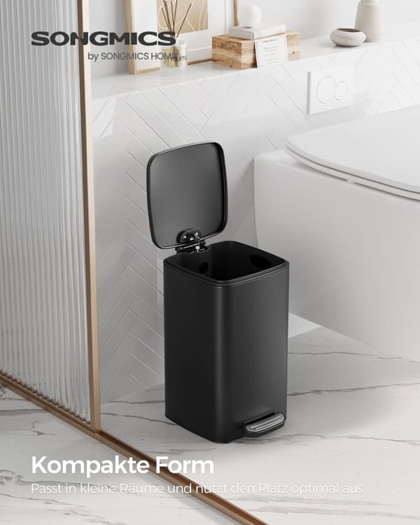 Papperskorg för badrum med lock, 8L, för små utrymmen, mjukstängande, stål, svart LTB591B0802