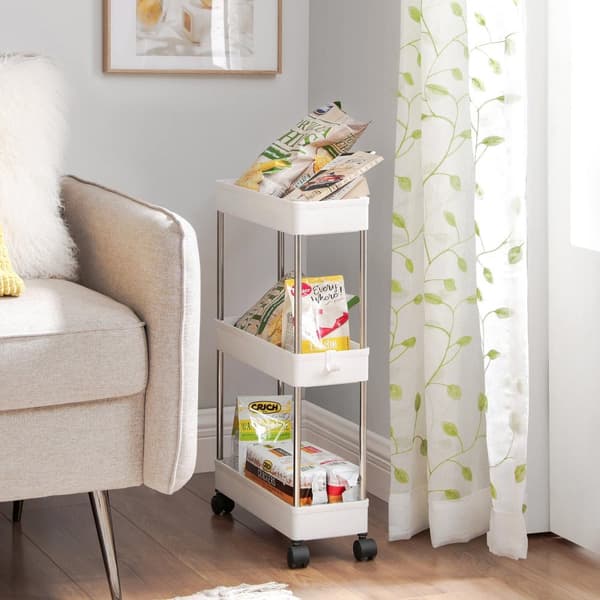 3-stegs förvaringsvagn, köksvagn på hjul, smal vagn för kök, badrum, kontor eller små utrymmen, 42 x 13,5 x 61 cm, vit