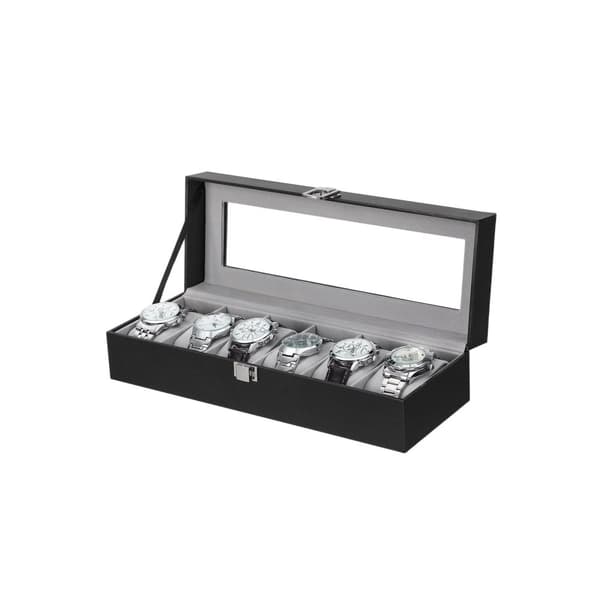 Kellolaatikko, jossa 6 paikkaa, kellokotelo lasikannella, samettiset kellotyynyt, kellonpidike lukolla, 11,2 x 30 x 8 cm, lahjaidea, musta synteettin