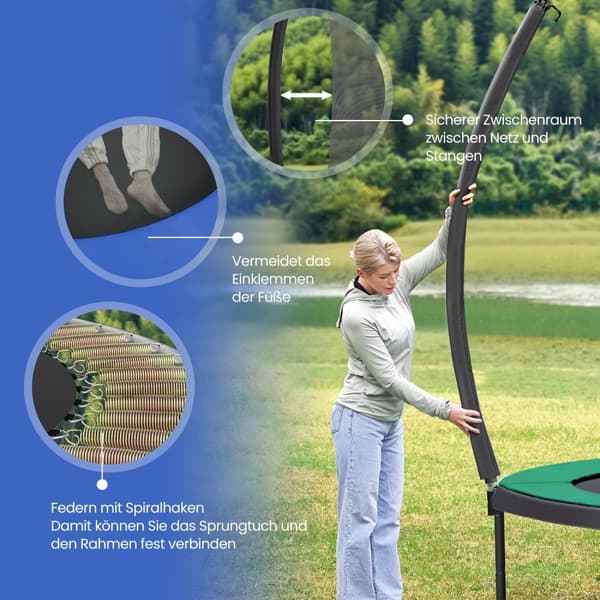 Trampolin 366 cm d, trädgårdstrampolin med skyddsnät, 180 cm höga svängda stolpar