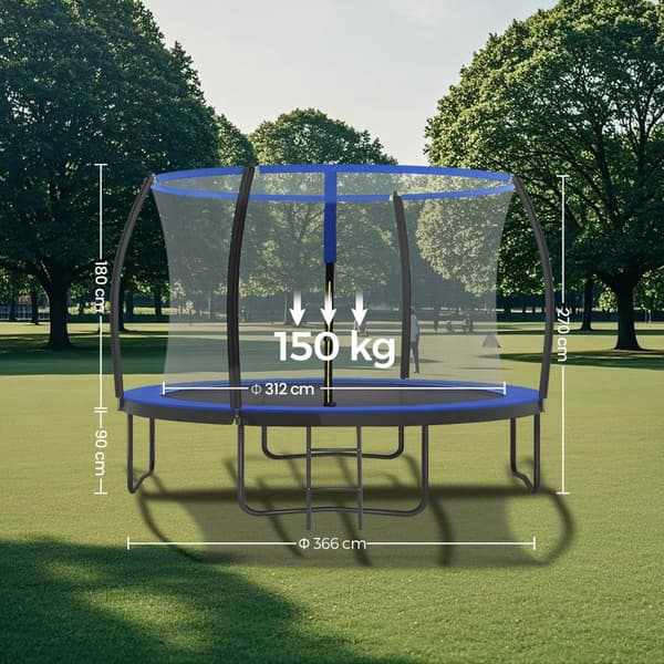 Trampolin 366 cm d, trädgårdstrampolin med skyddsnät, 180 cm höga svängda stolpar