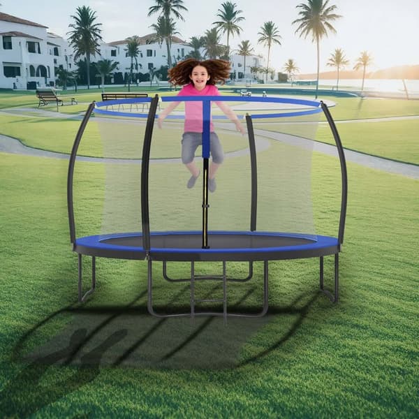 Trampolin 366 cm d, havetrampolin med sikkerhedsnet, 180 cm høje buede stænger