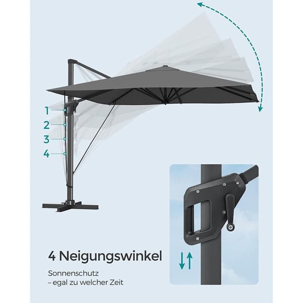 Garden Patio Cantilever Parasol 3 x 3 m, Square Offset Banana Hanging Parasol Umbrella, UPF 50+, 360° rotation, justerbar hældning, håndsving til åbn