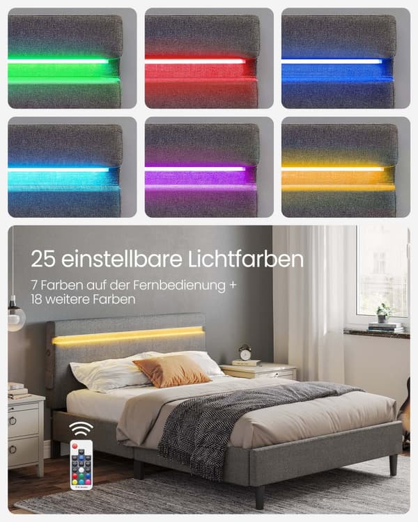 Dubbelsäng i metall 140 x 200 cm LED-belysning mörkgrå