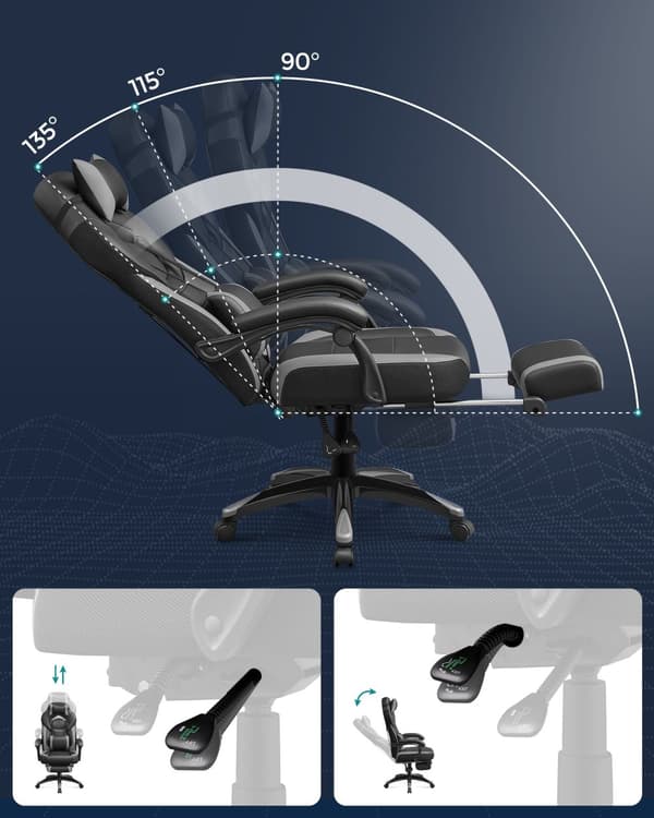 Gamingstol, kontorsstol med fotstöd, ergonomisk design, justerbart nackstöd, stöd för ländryggen, 150 kg viktkapacitet, svart och grå OBG77BG