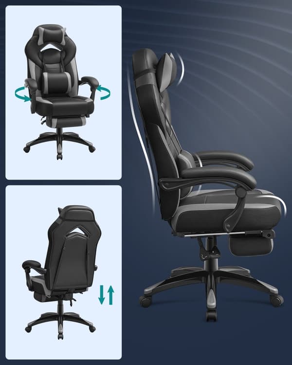 Gamingstol, kontorsstol med fotstöd, ergonomisk design, justerbart nackstöd, stöd för ländryggen, 150 kg viktkapacitet, svart och grå OBG77BG