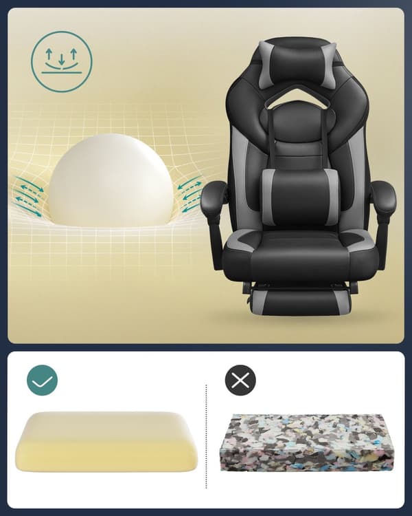 Gamingstol, kontorsstol med fotstöd, ergonomisk design, justerbart nackstöd, stöd för ländryggen, 150 kg viktkapacitet, svart och grå OBG77BG