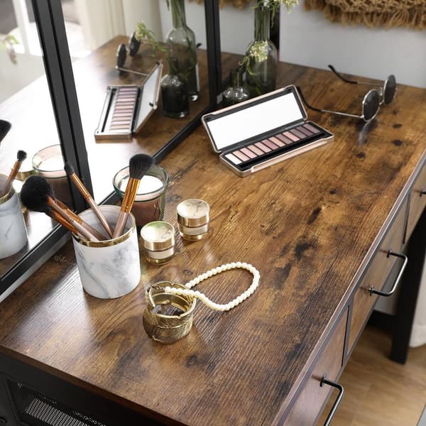 Tvättställsbord och pallset, toalettbord med trefaldig spegel, 3 lådor, sminkbord med stålram, industriell stil, rustikt brunt och svart