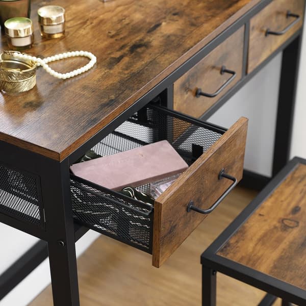 Tvättställsbord och pallset, toalettbord med trefaldig spegel, 3 lådor, sminkbord med stålram, industriell stil, rustikt brunt och svart