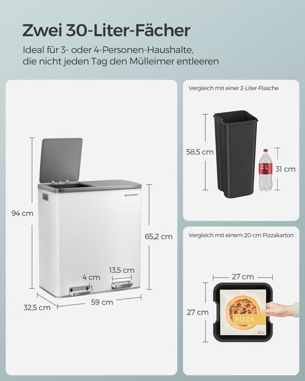 Dubbel soptunna, 2 x 30 L köksavfallstunna med dubbla fack och 15 soppåsar, metallpedal med innerhinkar och lock av plast, mjukstängning, lukttätning
