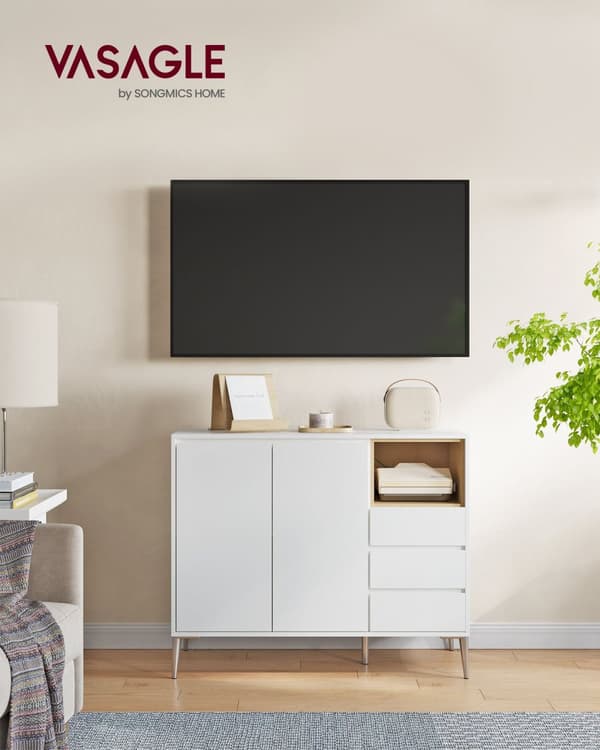Skænk, opbevaringsskab, med døre og højdejusterbar hylde, 3 skuffer, åbent rum, moderne, 40 x 103,5 x 85 cm, til stue, køkken, arbejdsværelse, Cloud