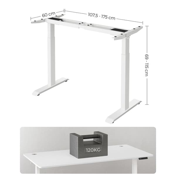 Höjdjusterbart elektriskt skrivbord, skrivbordsstativ, dubbelmotor, med krok, steglöst justerbart, minnesfunktion, stål, vit LSD019W01