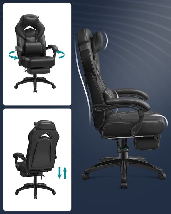 Gamingstol, kontorsstol med fotstöd, skrivbordsstol, ergonomisk design, justerbart nackstöd, stöd för ländryggen, klarar upp till 150 kg, svart OBG07