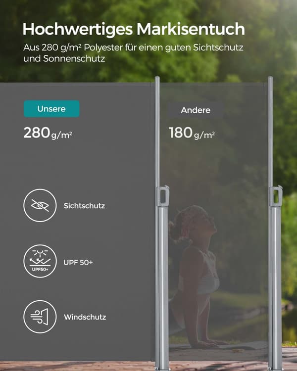 2 x 3 m (H x L), sidemarkise til altan, gårdhave, terrasse og have, med gulvmontering, beskyttelse af privatlivets fred, solafskærmning, sideblænding