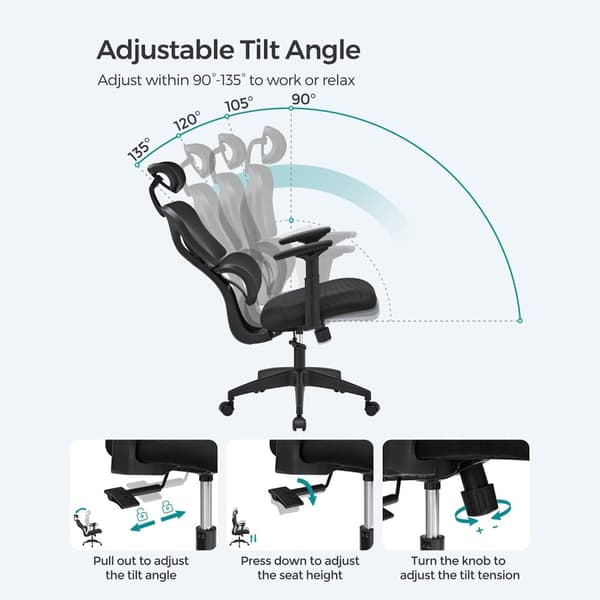 OBN064B01 Kontorsstol, skrivbordsstol, ergonomisk snurrstol, nätklädd, 4-nivå justerbart ryggstöd, maxbelastning 150 kg, svart
