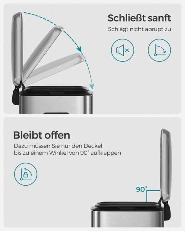 Dubbel soptunna, 2 x 20 L köksavfallskärl, trappstegsbehållare i metall med dubbla fack, innerhinkar i plast, lock med mjuk stängning och handtag, lu