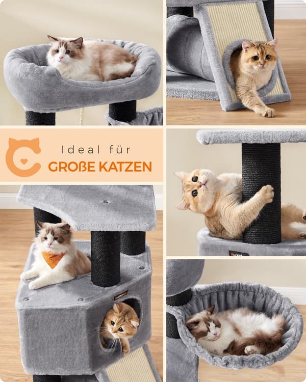 Kissapuu, suuri kissatorni, jossa on pörröinen pehmoinen istuin, kissa Condo, jossa on kori lepotuoli ja Cuddle Cave, erittäin paksut pylväät, jotka