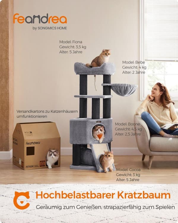 Kissapuu, suuri kissatorni, jossa on pörröinen pehmoinen istuin, kissa Condo, jossa on kori lepotuoli ja Cuddle Cave, erittäin paksut pylväät, jotka