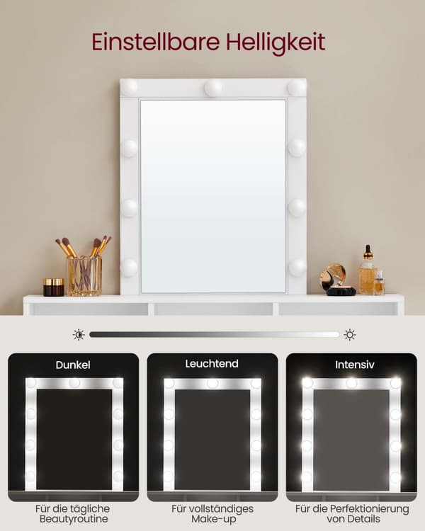 Sminkbord, LED-lampa med justerbar ljusstyrka, sminkbord med spegel, 2 lådor och 3 fack, sminkstation, modern, vit RDT164W01