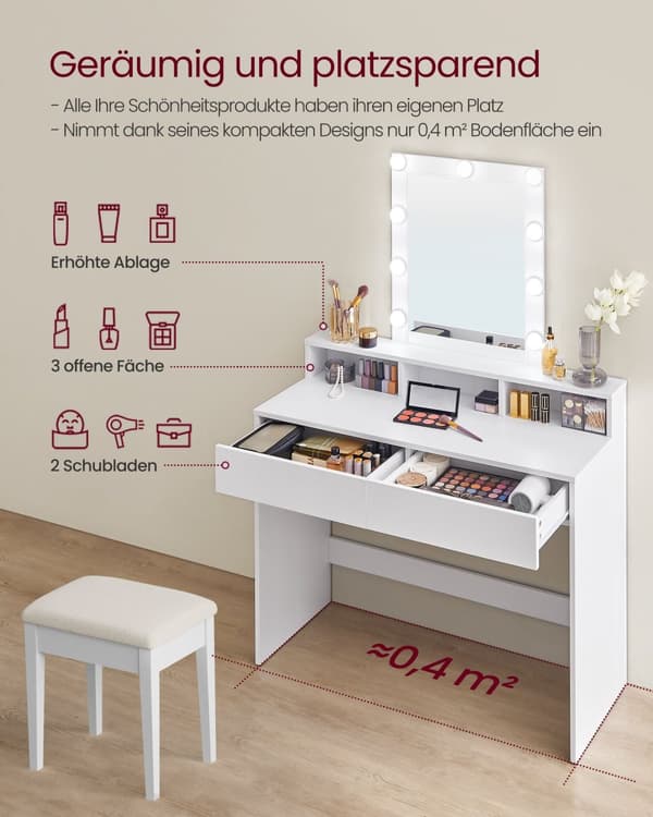 Sminkbord, LED-lampa med justerbar ljusstyrka, sminkbord med spegel, 2 lådor och 3 fack, sminkstation, modern, vit RDT164W01