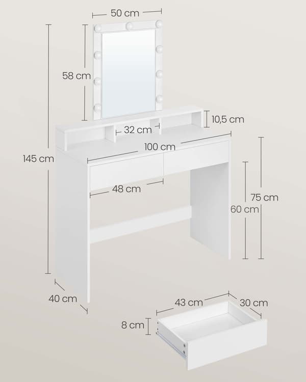 Sminkbord, LED-lampa med justerbar ljusstyrka, sminkbord med spegel, 2 lådor och 3 fack, sminkstation, modern, vit RDT164W01