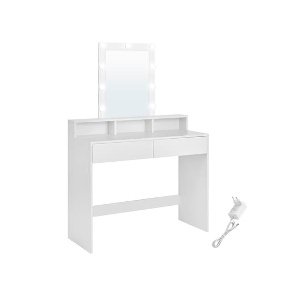 Sminkbord, LED-lampa med justerbar ljusstyrka, sminkbord med spegel, 2 lådor och 3 fack, sminkstation, modern, vit RDT164W01