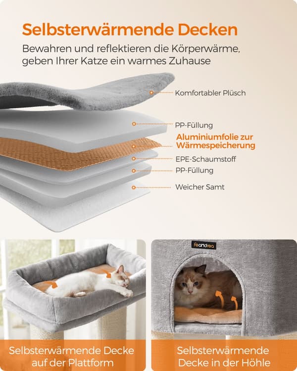 Feandrea Cat Tree suurille kissoille, 63-tuumainen Heavy-Duty Cat Tower, jossa on itselämpenevät tyynyt, 2 itsehoitoa, 9 raapimispistettä, suuri istu