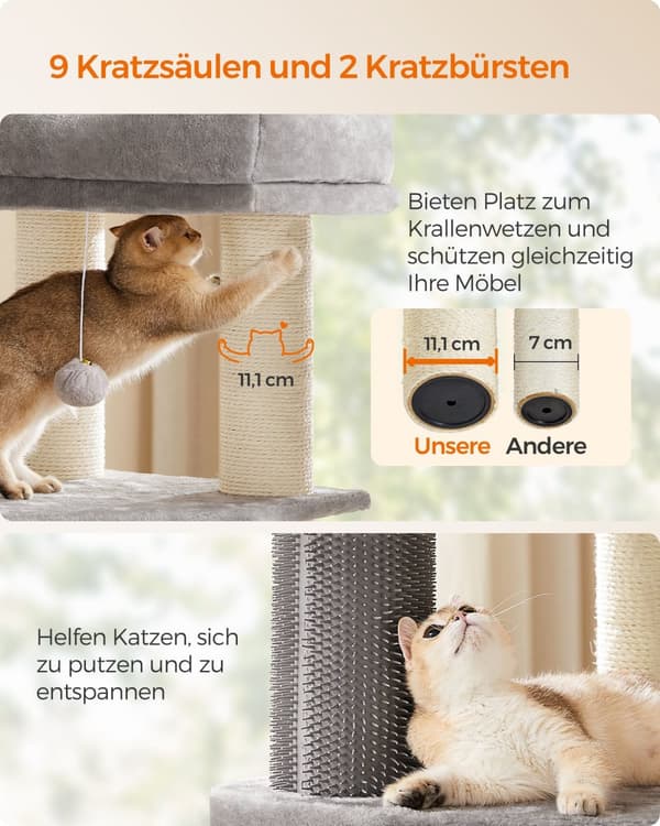 Feandrea Cat Tree suurille kissoille, 63-tuumainen Heavy-Duty Cat Tower, jossa on itselämpenevät tyynyt, 2 itsehoitoa, 9 raapimispistettä, suuri istu