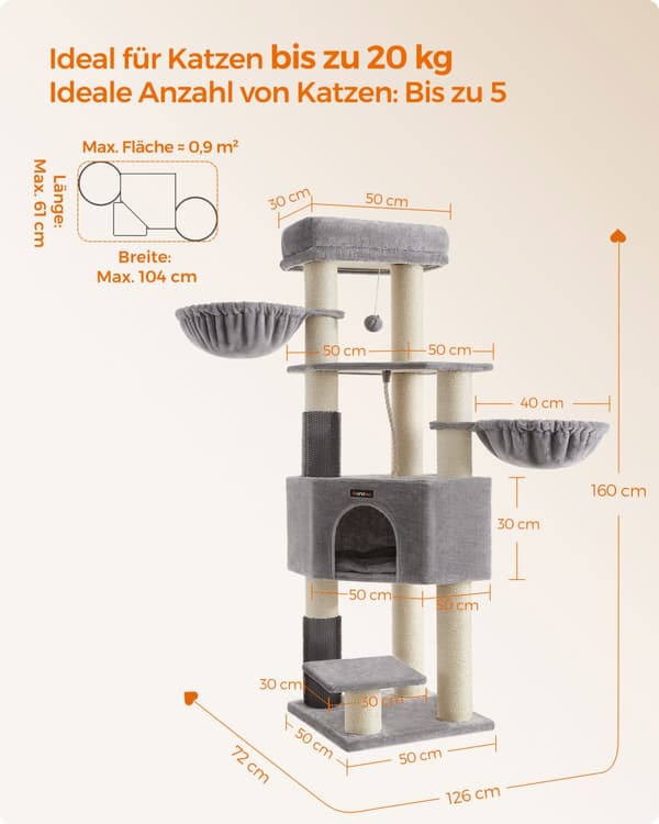Feandrea Cat Tree suurille kissoille, 63-tuumainen Heavy-Duty Cat Tower, jossa on itselämpenevät tyynyt, 2 itsehoitoa, 9 raapimispistettä, suuri istu