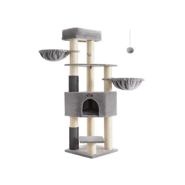Feandrea Cat Tree suurille kissoille, 63-tuumainen Heavy-Duty Cat Tower, jossa on itselämpenevät tyynyt, 2 itsehoitoa, 9 raapimispistettä, suuri istu