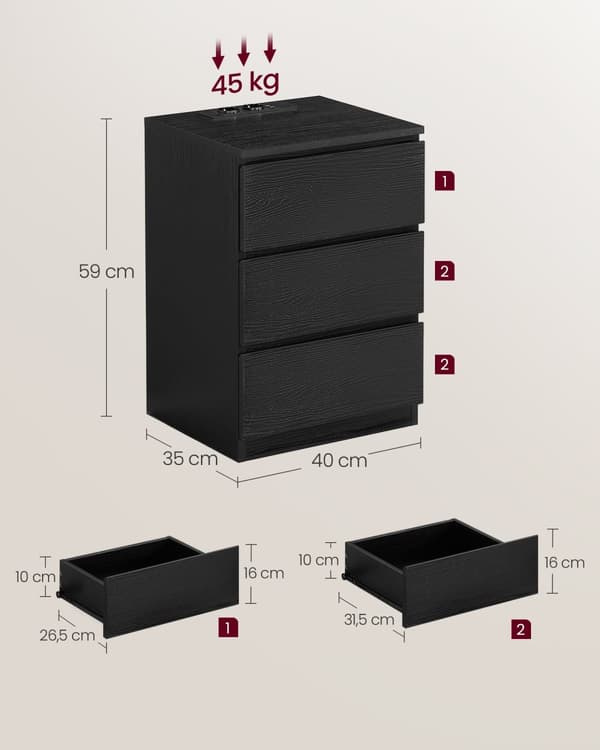 Sæt med 2 sengeborde, sideborde, 3 skuffer, skrå kant, 2 AC-stik, 2 USB-stik, stue, soveværelse, arbejdsværelse, moderne, ibenholt sort