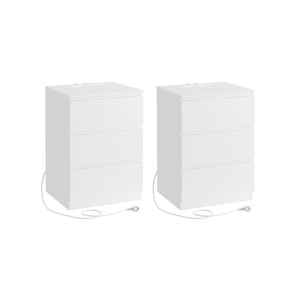 LET831W14 Sæt med 2 sengeborde, sideborde, 3 skuffer, skrå kant, 2 AC-stik, 2 USB-stik, stue, soveværelse, arbejdsværelse, moderne, skyhvid