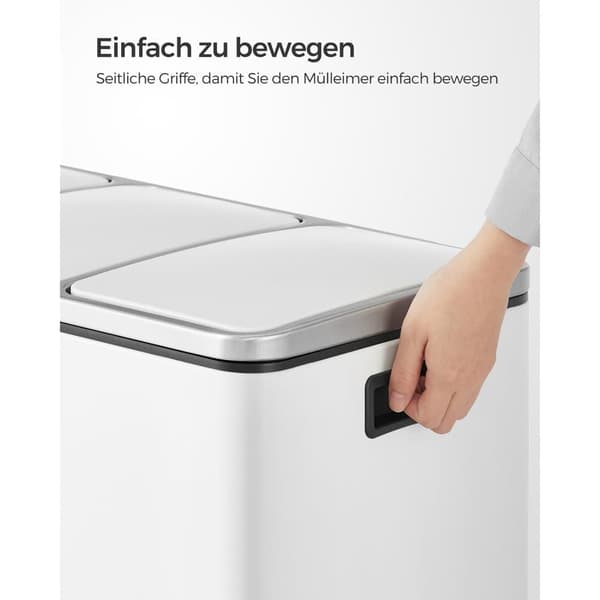 SONGMICS, Återvinningskärl, 3 x 18 L Trippel Kökskärl, pedalhink med 3 fack  pedal bin, innerhinkar i plast och handtag, vit