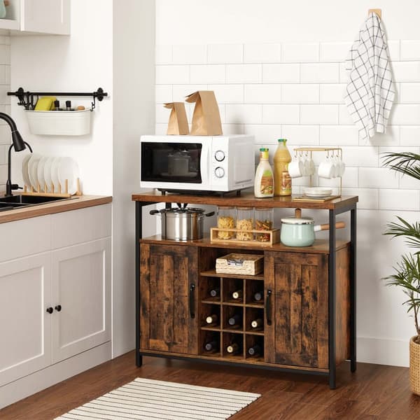 Förvaringsskåp, sideboard och buffébord med vinhållare, 2-dörrars skåp för matsal, vardagsrum, kök, 100 x 35 x 81,4 cm, industriellt, rustikt brunt o