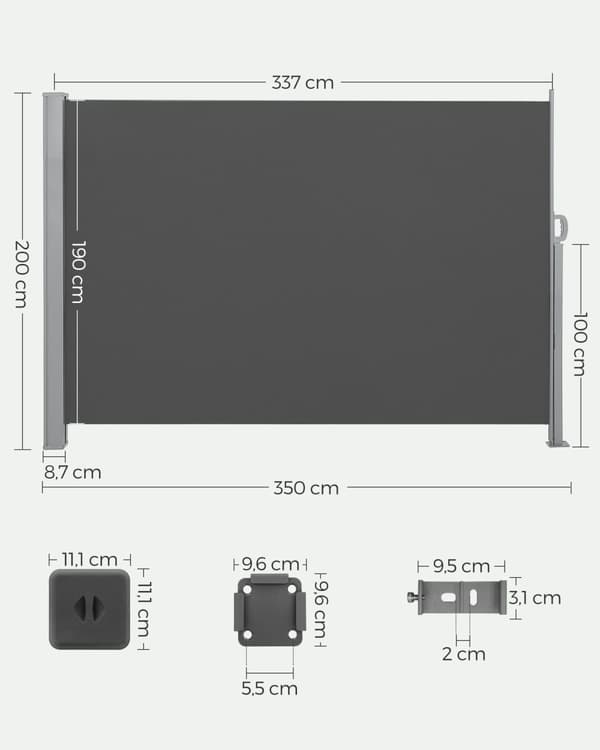 200 x 350 cm (H x L), sidomarkis för balkong och terrass, insynsskydd, solskydd, sidomarkis, rökgrå GSA205G02