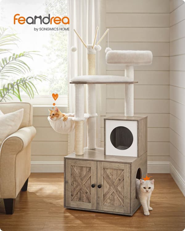 Feandrea Greige Cat Scratching Post kissan kuivikelokeron kaapilla, 2-in-1 kissan puu Sisal Posts, irrotettava Plush pallot, Greige PCT113G01