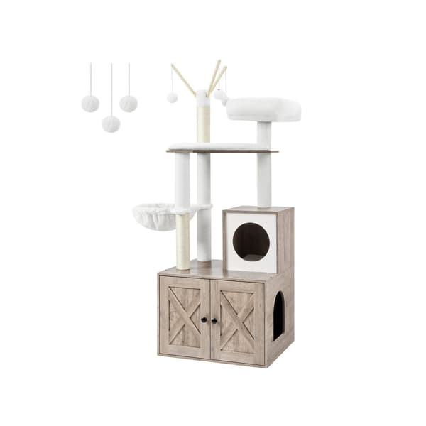 Feandrea Greige Cat Scratching Post kissan kuivikelokeron kaapilla, 2-in-1 kissan puu Sisal Posts, irrotettava Plush pallot, Greige PCT113G01