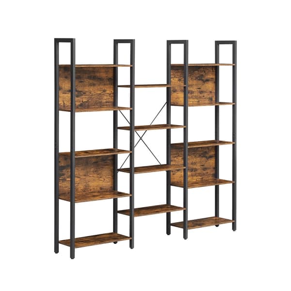 Bokhylla, bokhylla med 14 förvaringshyllor, metallram, vardagsrum, arbetsrum, kontor, industriell stil, 158 x 24 x 166 cm, rustikt brun och svart LLS