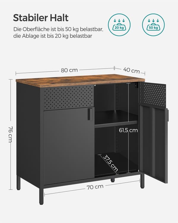 Förvaringsskåp, golvskåp med dubbla dörrar, magnetisk stängning, justerbart hyllplan, stålram, industriell stil, platsbesparande, rustikt brunt och s