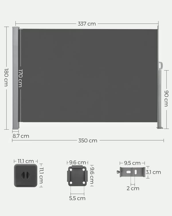 180 x 350 cm (H x L), sidomarkis för balkong och terrass, insynsskydd, solskydd, sidomarkis, rökgrå GSA185G02