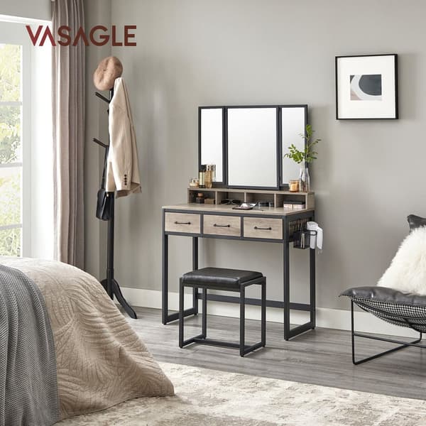 RVT004B02 Sminkbord med vadderad pall, trippelspegel, 3 lådor, hårfönhållare, kruka, industriell stil, grå och svart