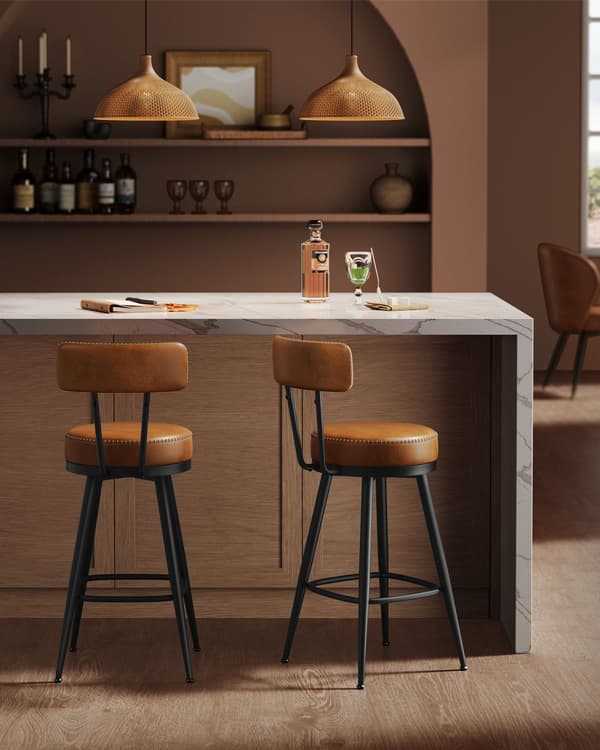 EKHO Collection - 360° Swivel Bar Stools Set of 2, Counter Height Bar Stools with Back, Synthetic Leather with Stitching, Mid-Century Modern, 25.6-In