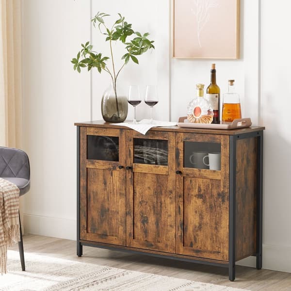 Sideboard, buffébord, förvaringsskåp med glasdörrar, matsal, vardagsrum, hall, kök, stålram, industriell stil, rustikt brunt och svart